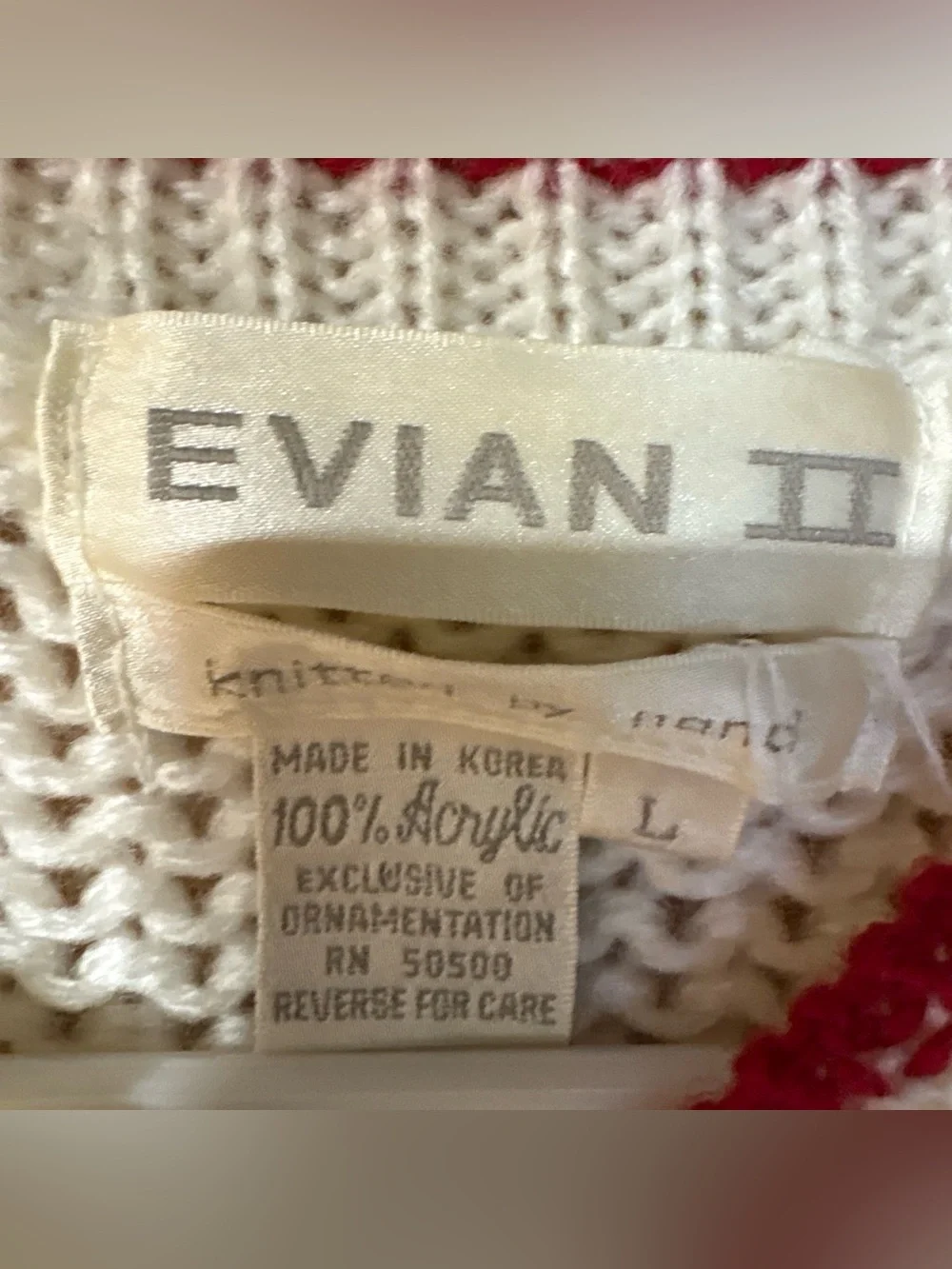 Evian II Vintage Hand-knitted Sweater with Red Trim and Holiday Motif